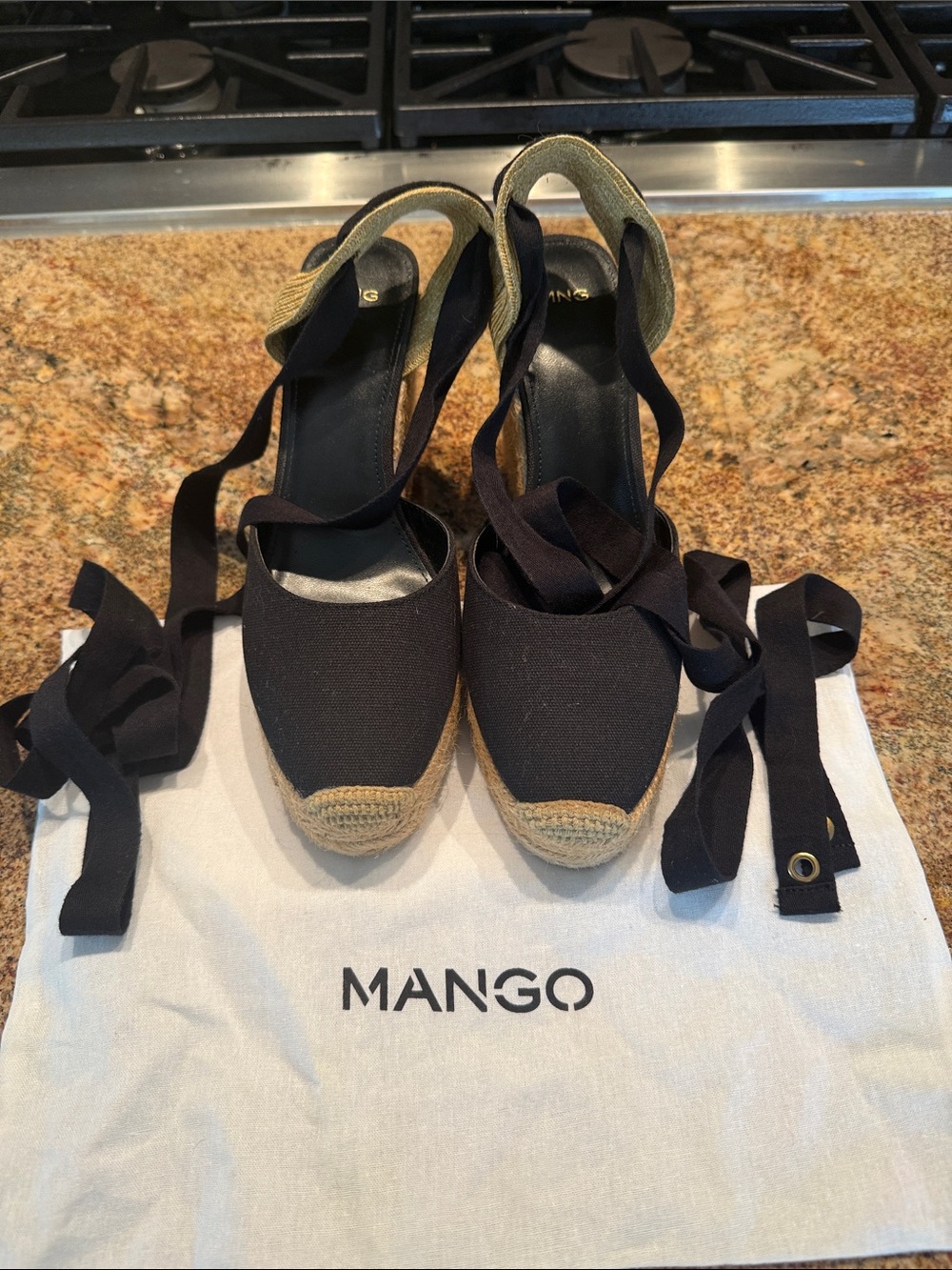 Mango Black Canvas Espadrille Wedges with Jute Toe and Wrap Ties